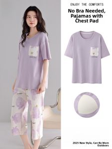 miiow | Pure Cotton Short Sleeve Sleepwear Set With Chest Pad Womens Summer New Style Outwear Home Clothes Seven-Foot Pants