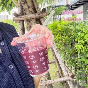 แก้วน้ำ 400 ml ลายแมวเหมียว น่ารัก สีชมพู วัสดุแก้ว พร้อมหลอด สำหรับฤดูร้อน แก้วกาแฟสำหรับออฟฟิศ ส่งจากไทย ดีไซน์สดใส