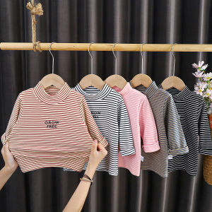Childrens Long Sleeve Stripe T-Shirt Warm Underwear Autumn Winter Fashionable Boys Girls Baby Polyester Fiber High Neck Print Style