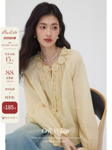 Áo Sơ Mi Nữ Tay Bồng Cổ Tròn ORWhite Rose Butterfly Knot French Vintage Design Sensation Áo Thun Cotton Tay Dài Thường Ngày