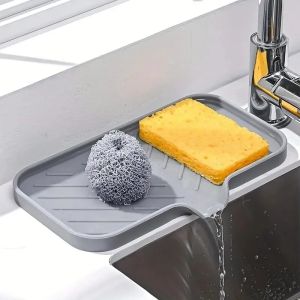 Self Draining Soap Bar Holder Silicone Kitchen Sink Soap Dish Sponge Tray Counter Caddy Organizer for Dish Soap Dispenser
