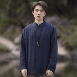 New Chinese Style Mens Long Sleeve Shirt Small Stand Collar Button up Cotton Linen Blend Autumn Fashion Retro Tang Suit Top