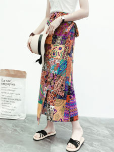 Váy Midi Cotton Lanh in Họa Tiết Phong Cách Dân Tộc Một Mảnh Cho Nữ Mùa Thu Váy Ngắn Nửa Thân Váy Chữ a Cạp Cao Không Đối Xứng