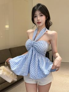 GUZILIAN | Summer New Style Pure Desire Hot Girl Neck Hanging Vest Casual Holiday Outdoor Wear One Shoulder Backless Wrap Chest Plaid Top Women