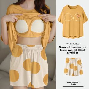 Pajamas Womens 2024 New Arrival Summer Pure Cotton Plus Size Short Sleeve with Chest Pad Womens Loose Summer Homewear