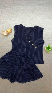 (FILOBEE) DRESS CELANA ANAK PEREMPUAN MOTIF LIPIT DAN BERGARIS WARNA BIRU DENIM