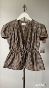 Nâu/ Đen/ Xanh caro Áo sơ mi xếp ly tay bồng ngắn cổ V sâu dây cột rút eo tôn dáng gợi cảm năng động dễ thương YEHI TOP