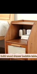 Natural Teak Rattan Nightstand Easy Clean Surface Large Capacity Storage Bedside Table with 1 Drawer