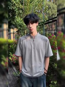 OUMULONG | Breathable and Cooling Half Zipper Ice Silk Stand-up Collar T-Shirt Mens