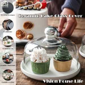 Vision Cake Display Tray with Glass Cover Frosted Ceramic Bread Dessert Plate with Lid Mouseto Fruit Snack Tiered Stands Tasting Tray for Wedding Birthday Party