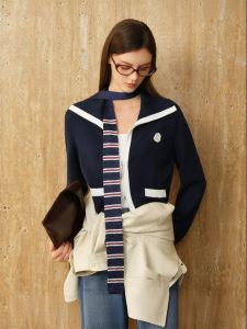 BADINA | Áo Cardigan Len Nữ Mùa Xuân Mới Xuất Sắc Phối Màu Cổ Thủy Thủ