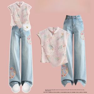 Bộ Mùa Hè Phong Cách Trung Quốc Mới Cao Cổ Áo Thêu Hán Phục Áo Thời Trang Sành Điệu Khâu Phong Cách Quốc Gia Denim Quần Dài Hòa Nhạc