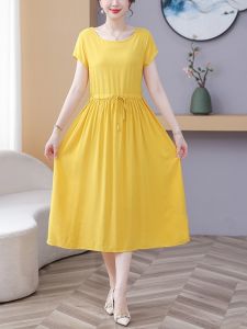 Summer Cotton Silk Womens Midi Dress Soft Cool Loose Bow Tie Gown Sweet Countryside Style Drawstring Adjustable Waist