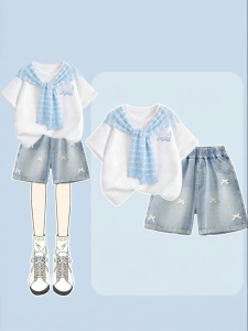 JS | Summer Denim Shorts and Sleeves Outfit Set for Girls