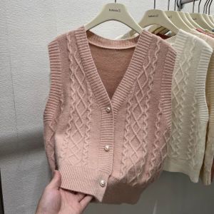 เสื้อกั๊กถักคอวีผูกปมสำหรับผู้หญิง แขนกุด เสื้อคาร์ดิแกนเปิด สไตล์ฤดูใบไม้ผลิและฤดูใบไม้ร่วง คอลเลกชันใหม่ 2025