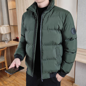Mens Thickened Padded Jacket Casual Slim Fit Stand Collar Winter Warm Coat Youth Fashion Outerwear Full Zipper Solid Color