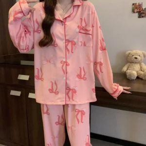 Womens Pajamas Set Bow Print Sleepwear Button Down Tops Long Pajama 2 Piece Suit Pyjama Femme Nightwear Loungewear for Winter