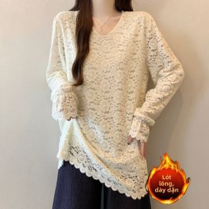 Áo Sơ Mi Crochet Cổ V Dài Tay Cao Cổ Phong Cách Oversized Plus Size Cao Cấp Ấm Áp