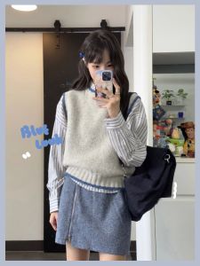 Bộ Đồ Hai Mảnh Cổ Tròn Cổ Điển Màu Tương Phản Áo Len Dệt Kim Áo Vest Sọc Áo Sơ Mi Nữ Bộ Đồ Thời Trang Thu Đông