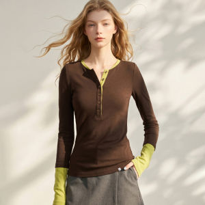 Color Blocked Two-Piece Style Long Sleeve T-Shirt Fitted Vintage Soft Stretch