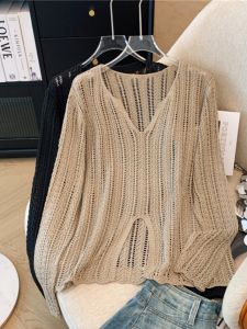 Áo Blouse Knit Dài Tay Cổ V ren Gợi Cảm