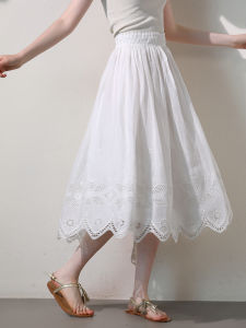 Miccbeirn | Pure Flax Heavy Embroidery Lace Fairy Half Skirt Midi A-Line Skirt Slimming Versatile Umbrella Skirt Vintage Style Commute