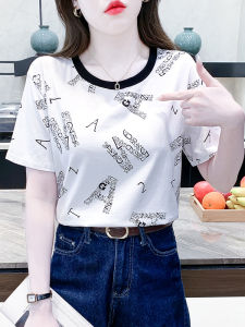 Áo Thun Cotton Trắng in Chữ Mùa Hè Cho Nữ Dáng Rộng Thiết Kế Tay Ngắn Cổ Tròn Phong Cách Hàn Quốc Thời Trang