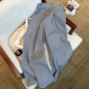 แบรนด์หรูผู้หญิงลำลอง ลายสก็อต กางเกง เอวสูงยืดหยุ่นเดรป พรางหุ่น ขากว้างยาว กางเกงขายาว ฤดูร้อนสไตล์เกาหลีรุ่น