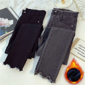 พลัสไซส์ ผู้หญิง ผ้าขนแกะ เรียงรายยืด กางเกงยีนส์สกินนี่​ สูง เอว Bootcut เดนิม กางเกง อบอุ่น พรางหุ่น ฤดูหนาว ดินสอแฟชั่น กางเกง
