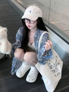 Áo Sơ Mi Kẻ Caro Cổ Polo Tay Dài Dáng Rộng Phong Cách Retro Mùa Thu Màu Xanh Dành Cho Nữ Áo Khoác Ngoài Thường Ngày