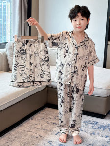 Childrens Summer Ice Silk Sleepwear Three-Piece Set Boys Lightweight Short Sleeve Home Clothes Air Conditioning Pajamas