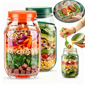 1000ml Leakproof Side Opening Salad Storage Jar / Built-In Detachable Dressing Cup Layered Container / Portable Meal Prep Lunch Box for Salad Yogurt Cereal Fruit Picnic