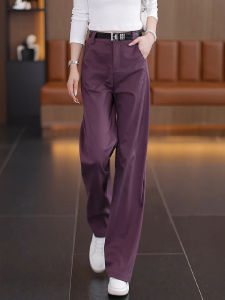 Purple Silk Cotton Straight Leg Pants Womens Spring Autumn High Waist Slimming Casual Long Trousers Draping Narrow Version Wide Leg Pants