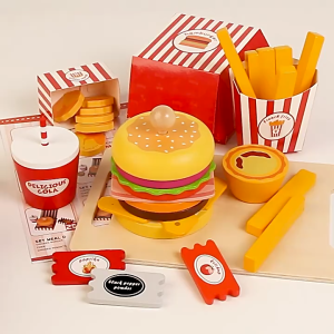 Wooden Burger Kitchen Playset for Kids Chef Pretend Play Set for Toddlers with Toy Food & Cookware Accessories