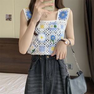 เสื้อกั๊กถักแขนกุดลายลูกไม้สีสันสดใสสไตล์ย้อนยุคสำหรับผู้หญิงในช่วงฤดูร้อน เสื้อคลุมกันหนาวแบบเปิดหลัง คอเหลี่ยม ความยาวสั้น