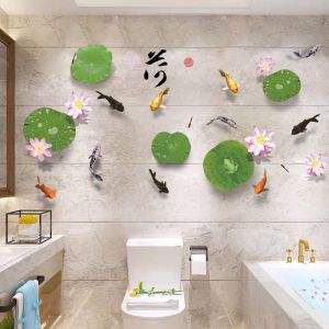 Modern Simple Style Chinese Lotus Pattern Wall Stickers Waterproof Self Adhesive Tile Decorations for Toilet Bathroom Decoration