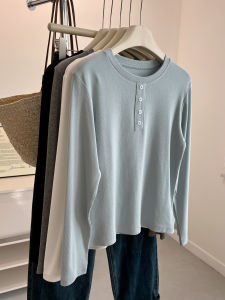 Slim Fit round Neck Long Sleeve T-Shirt Womens Basic Style Button up Elastic Base Shirt Trendy New Autumn Korean Style Cotton