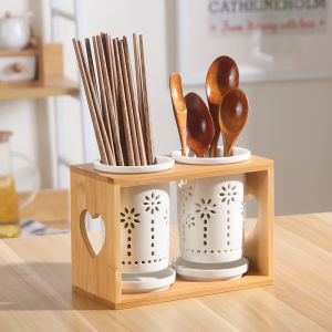 Kitchen Supplies Creative Drain Porcelain Bamboo Storage Box Tableware Ceramic Chopsticks Basket Chopsticks Holder Barrel Cage For Home Storage Rack