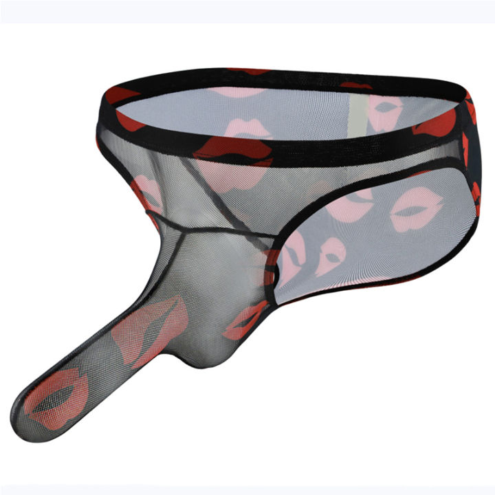 Men's Mesh Translucent Underwear Mouth Lip Print Elephant Nose Briefs Sexy  Quick-Drying Funny Low Waist Youth Shorts