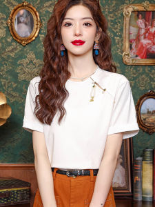 Elegant Short Sleeve T-Shirt Womens New Chinese Style Embroidered Button Casual Summer Top Fashionable Ageless Shoulder Design