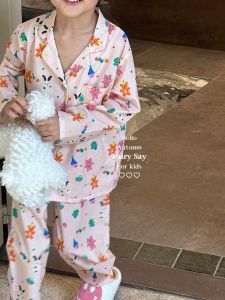 Original Korean Style Kids Long Sleeve Cotton Pajamas Spot Dog Print Cute Childrens Home Clothes Sleepwear Spring Autumn