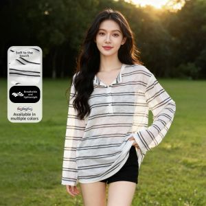 BALENO | Henry Collar Striped Semi-See-Through Long Sleeve T-Shirt for Air Conditioner