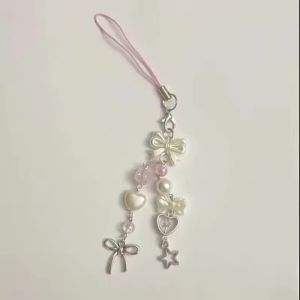 Handmade Creative Gifts Y2K Pink Coquette Bow Phone Charm Pink Charm Jewelry Love Bow Star Bead Keychain Pendant Decoration