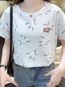 228 Plus Size Womens Printed Clothing T Short Sleeve Korean Style Shirt 2025 Summer New Foam Floral Loose Versatile Top