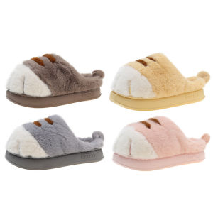 Womens Furry Cat Paw Plush Slippers Non Slip Indoor House Slippers Cozy Bedroom Footwear