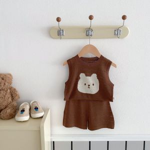 Kids Summer Knitted Hollow out Set Cool Feeling Vest And Shorts Two Piece Set Boys Fashion Cartoon Breathable Lightweight