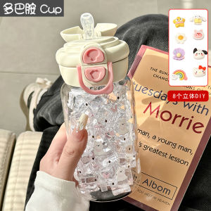 Summer New High Aesthetic Value Glass Water Cup Cute Portable Double Drink Straw Cup for Outing Women Creative Printed Borosilicate Glass Cup