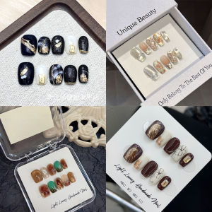 10pcs Short Square Black and Gold False Nail Butterfly Fine Glitter Nails Tips Art Cute Design Handmade Press On Nails for Women
