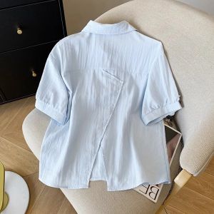Korean Style Fresh Pure Color Thin Short Sleeve POLO Collar Back Split Shirt Summer Lightweight Breathable Womens Business Casual Top