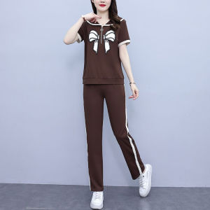 ชุดกีฬาลำลองไซส์ใหญ่สำหรับผู้หญิง ชุดสองชิ้นแขนสั้นฤดูร้อนปี 2024 ทรงหลวม ทรงสลิม เอฟเฟกต์กระชับสัดส่วน เอวสูง แขนสั้น